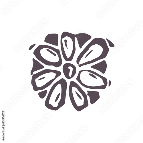 Hand carved bold block print flower icon clip art. Folk illustration design element. Modern boho decorative linocut. Ethnic muted natural tones. Isolated rustic vector motif. 