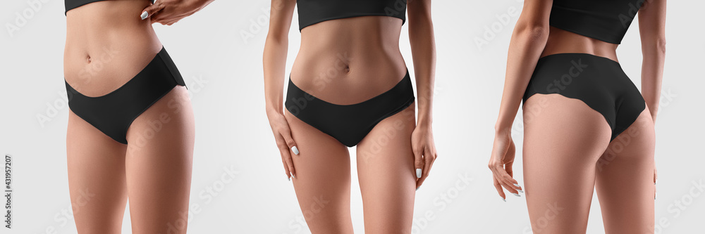 Black panties mockup on sexy girl isolated on background. Set Black panties mockup on sexy girl isolated on background. Set