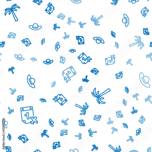 Set line Calendar and airplane, Tropical palm tree and Elegant women hat on seamless pattern. Vector