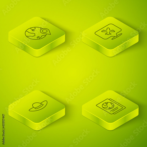 Set Isometric line Speech bubble with airplane, Elegant women hat, Passport and Location on the globe icon. Vector