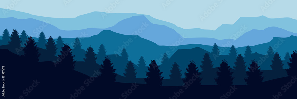 Fototapeta premium blue sky and mountains forest flat design vector illustration for background, wallpaper, template, banner, and tourism design