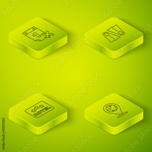 Set Isometric line Rubber flippers for swimming, Signboard with text Hotel, Location on the globe and Calendar and airplane icon. Vector