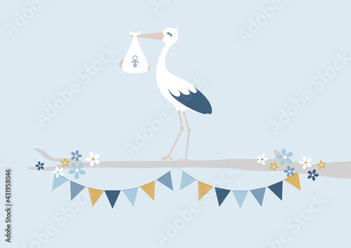 Storch Mit Baby Junge Auf Ast Mit Girlanden Retroblau Senfgelb