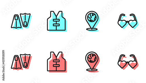Set line Location on the globe, Rubber flippers for swimming, Life jacket and Heart shaped love glasses icon. Vector