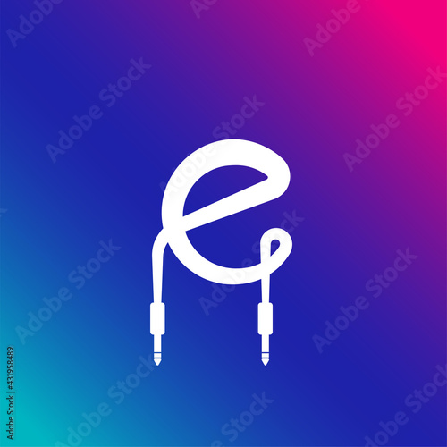 Lowercase Letter E Alphabet Music Logo Design on Multicolor Gradient background. Initial and Audio cable jack logo concept.