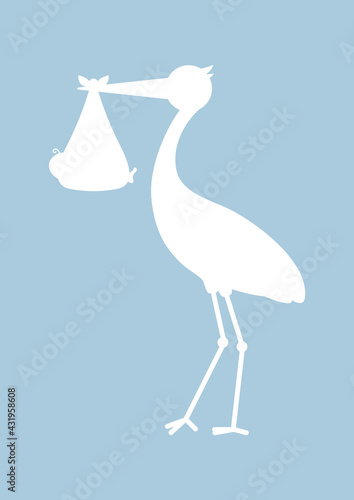 Karte Stehender Storch Mit Baby Junge Silhouette Retroblau