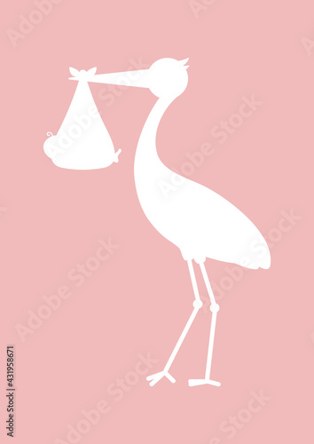 Karte Stehender Storch Mit Baby Mädchen Silhouette Rosa
