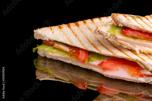 ham and cheese sandwich, fried melted cheese, lettuce leaves, tomato, branded sauce