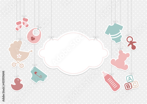 Karte Hängende Wolke Und Babysymbole Mädchen Rosa Mintgrün Punkte Grau