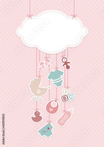 Karte Hängende Wolke Und Babysymbole Mädchen Rosa Mintgrün Punkte