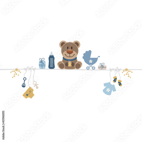 Brauner Teddy Auf Leine Mit Babysymbolen Junge Retroblau Senfgelb
