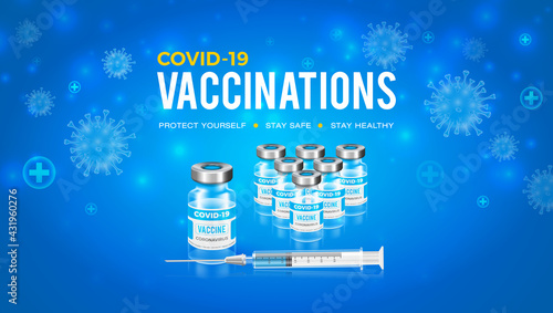 Vector background design with coronavirus vaccine. Vaccine kit with syringe against Covid-19.