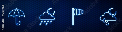 Set line Cone windsock wind vane, Umbrella, Cloud with rain and moon and . Glowing neon icon on brick wall. Vector
