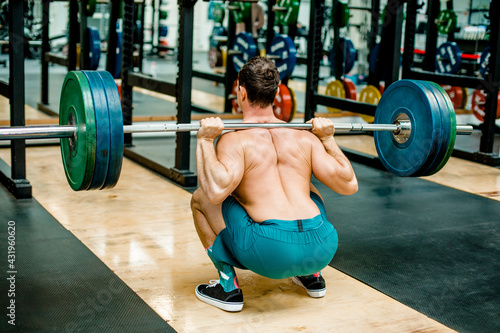 Man in squatting position weightlifting at gym