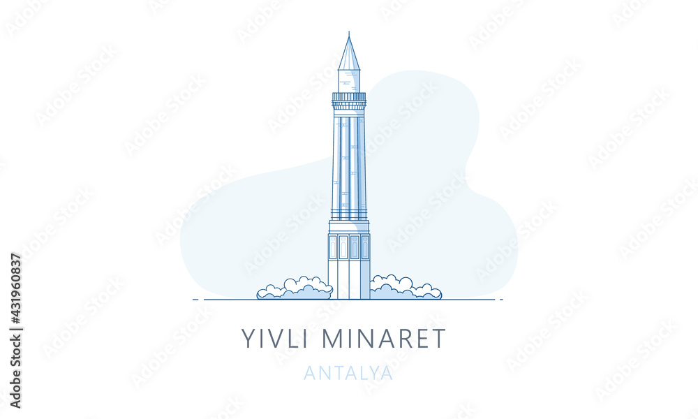 Obraz premium Yivli minaret, Antalya, Turkey. The famous landmark of Antalya, tourists attraction place, skyline vector illustration, line graphics for web pages, mobile apps and polygraphy.