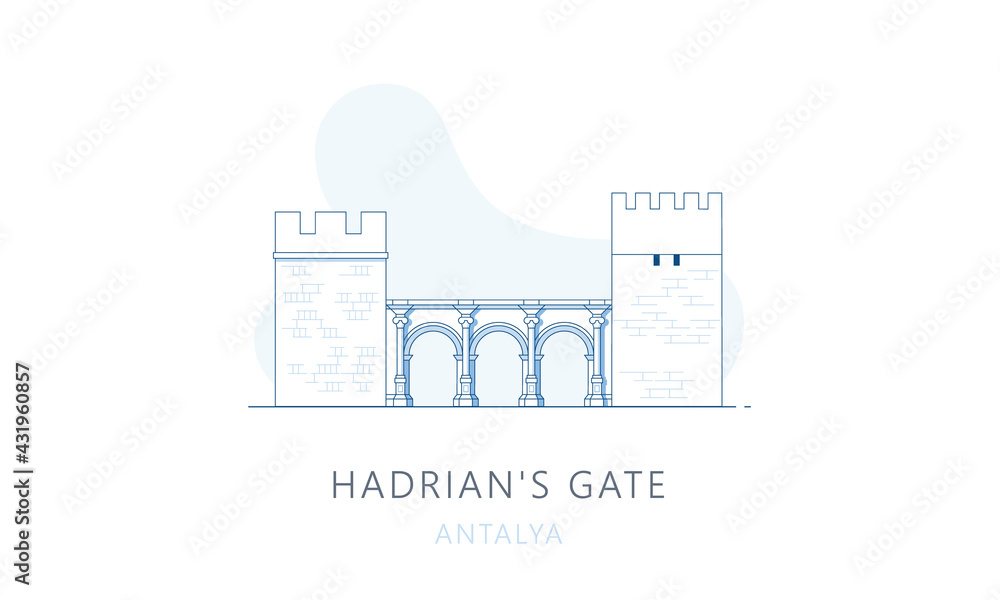 Naklejka premium Hadrian’s Gate, Antalya, Turkey. The famous landmark of Antalya, tourists attraction place, skyline vector illustration, line graphics for web pages, mobile apps and polygraphy.