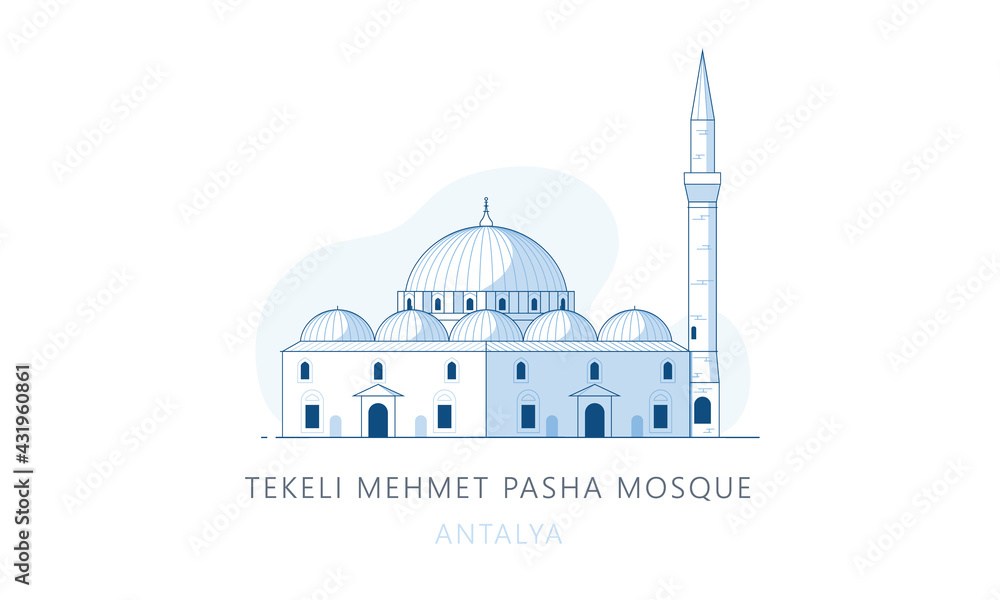 Fototapeta premium Tekeli Mehmet pasha mosque, Antalya, Turkey. The famous landmark of Antalya, tourists attraction place, skyline vector illustration, line graphics for web pages, mobile apps and polygraphy.