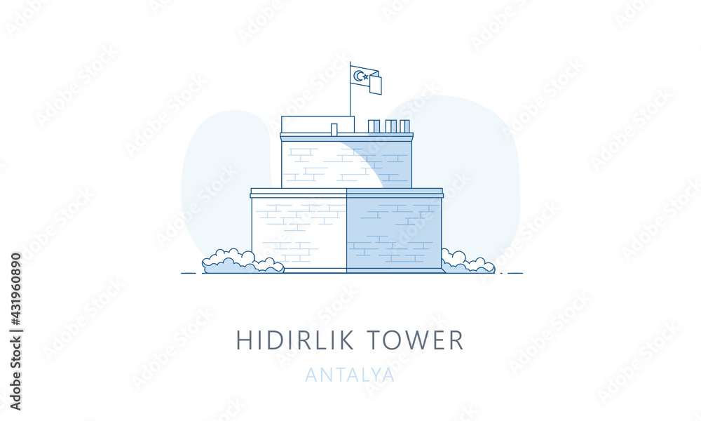 Fototapeta premium Hidirlik tower, Antalya, Turkey. The famous landmark of Antalya, tourists attraction place, skyline vector illustration, line graphics for web pages, mobile apps and polygraphy.