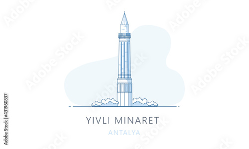Yivli minaret, Antalya, Turkey. The famous landmark of Antalya, tourists attraction place, skyline vector illustration, line graphics for web pages, mobile apps and polygraphy.