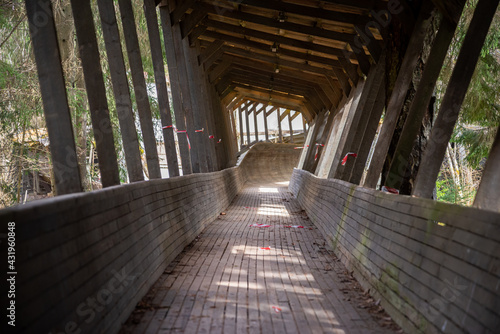 Принти на полотні Old wooden bobsleigh track. Wooden board sledge track bend.