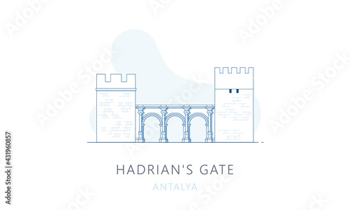 Hadrian’s Gate, Antalya, Turkey. The famous landmark of Antalya, tourists attraction place, skyline vector illustration, line graphics for web pages, mobile apps and polygraphy.
