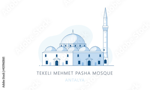 Tekeli Mehmet pasha mosque, Antalya, Turkey. The famous landmark of Antalya, tourists attraction place, skyline vector illustration, line graphics for web pages, mobile apps and polygraphy.