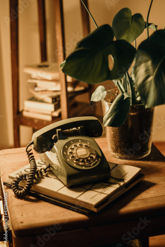 Vintage rotary telephone on a table with a book and plant