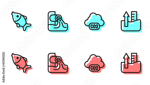 Set line CO2 emissions in cloud, Dead fish, Wastewater and Rise level icon. Vector