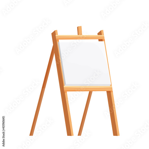 Wooden easel empty blank paper mock up in cartoon style isolated on vector white illustration. Artist equipment, advertising board.