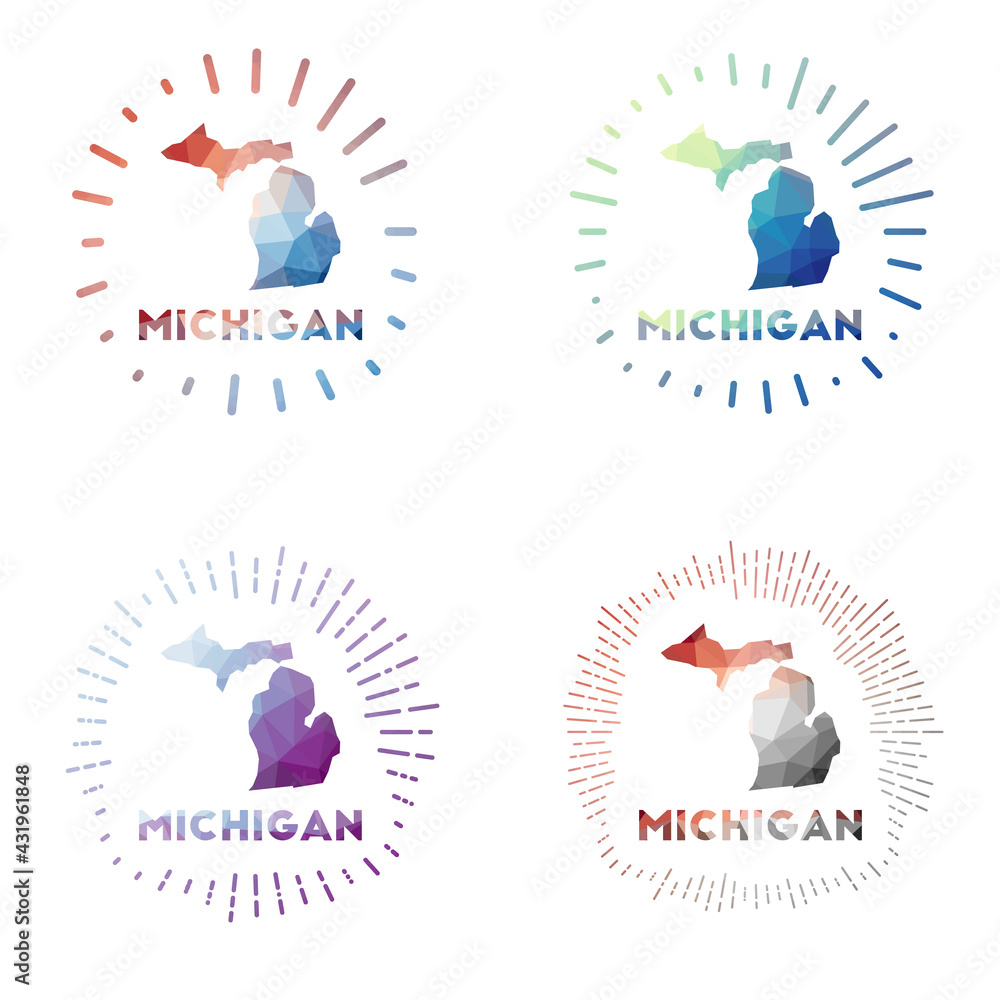 Obraz premium Michigan low poly sunburst set. Logo of US state in geometric polygonal style. Vector illustration.