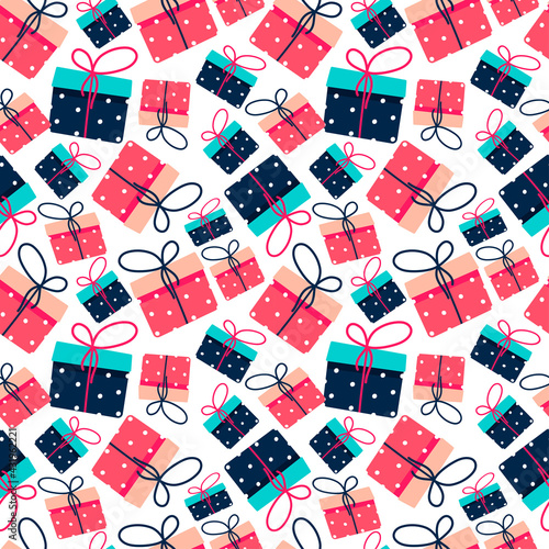 Gift boxes seamless pattern. Vector illustration. Endless texture for holiday design