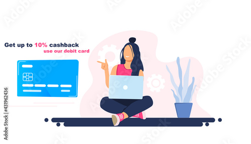 Happy smiling woman sitting with laptop and taking a bank card to get cashback. Flat modern vector illustration of people who use debit card for online shopping. Female consumer with credit card