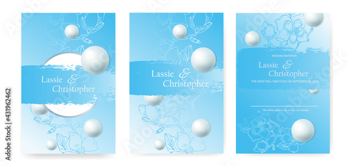 A set of wedding invitations with floral elements. Invitation cards or postcards on a blue background, decorated with voluminous pearls . Space for your text. EPS10.