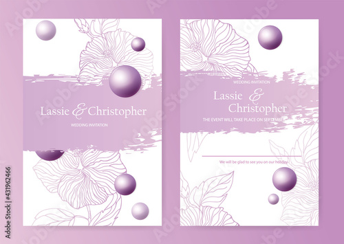 A set of wedding invitations with floral elements. Invitation cards or postcards on a white background, decorated with voluminous balls of purple color.
