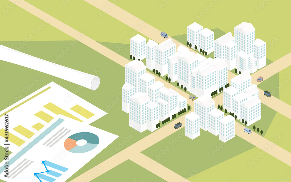 街づくり 都市開発のイメージ 俯瞰したビル街のアイソメトリックイラスト Stock Vektorgrafik Adobe Stock
