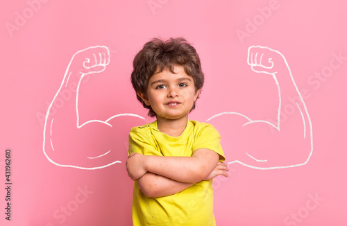 Canvas Print Strong little man child with bicep muscles picture