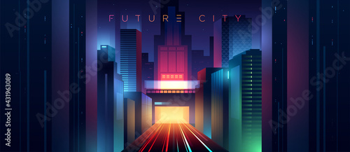 Wide view of the night neon futuristic city. Highway with traffic car lights. Ciberpunk style illustration