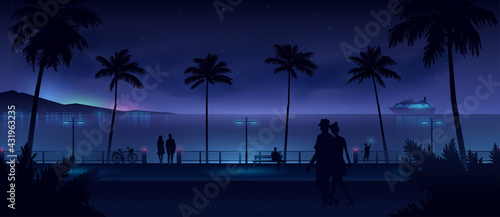 Wide view of the night city beach with walking people silhouettes