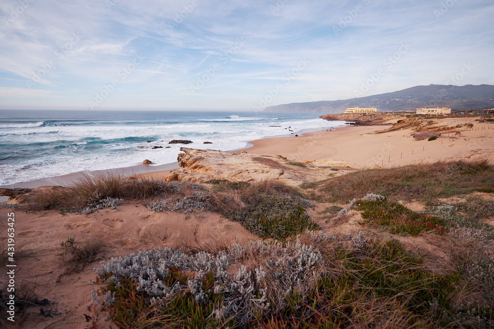 Beautiful view of ocean beach Praia da Cresmina, Portugal.