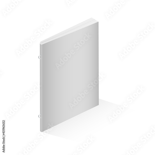 Mock up of blank book, notebook, notepad, magazine, booklet, brochure. Vector 3D illustration of a grey book on a white background. Loop stitch binding.