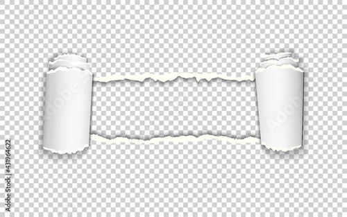 Torn paper with rolled edge on transparent background with frame for text