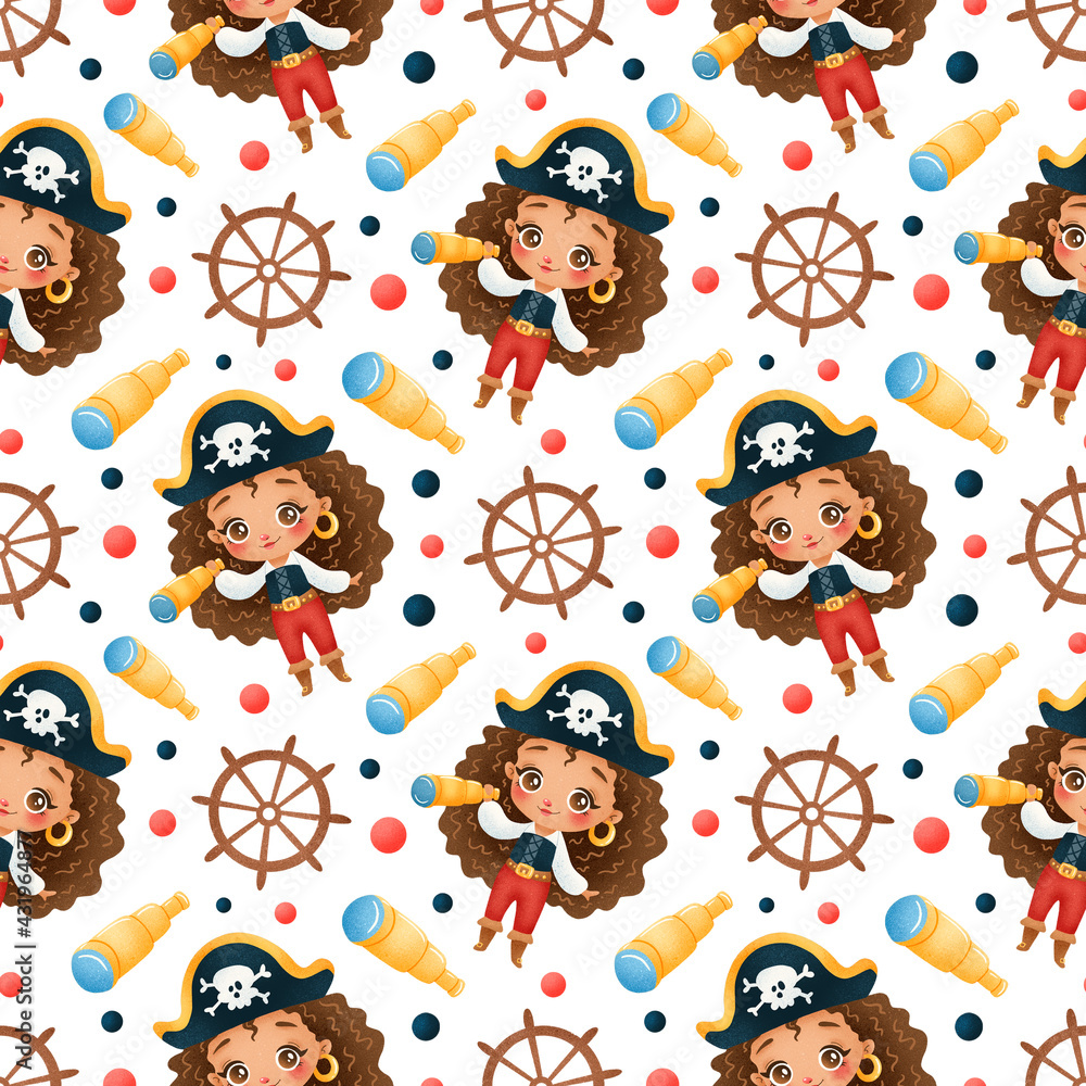 Fototapeta premium Cute cartoon african american pirates girls seamless pattern