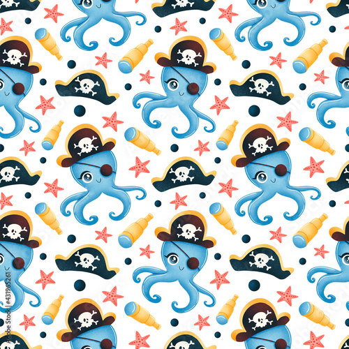 Cute cartoon pirates animals seamless pattern. Octopus pirate pattern
