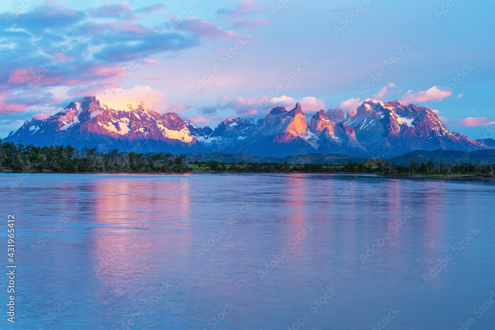 Serrano river sunrise with Cuernos and Torres del Paine peaks, Torres del Paine national park, Patagonia, Chile.