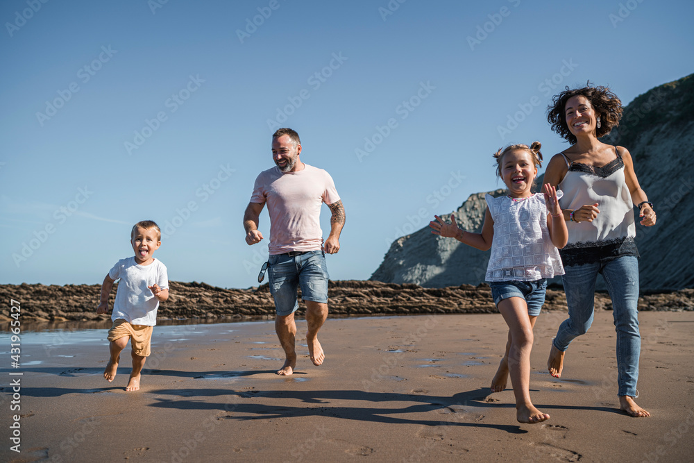 family with 2 children enjoying the beach and cliffs of the Basque ...