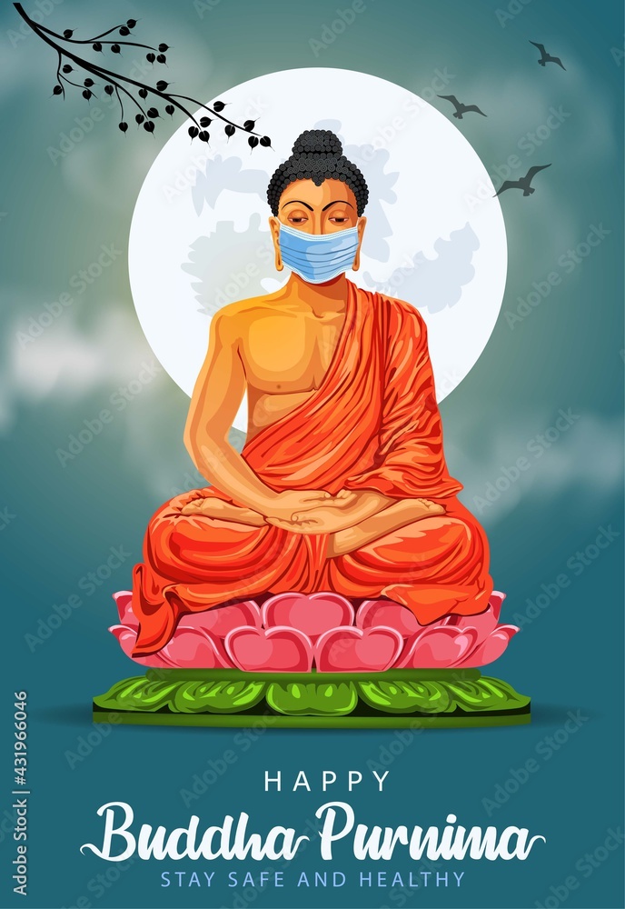 Happy Vesak Day, Buddha Purnima wishes greetings with buddha wearing  surgical mask. coronavirus or covid-19 concept Can be used for poster,  banner, logo, background, greetings. vector illustration Stock Vector |  Adobe Stock