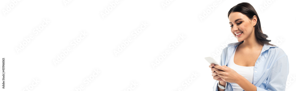 pretty woman in blue shirt chatting on cellphone isolated on white, banner. pretty woman in blue shirt chatting on cellphone isolated on white, banner.