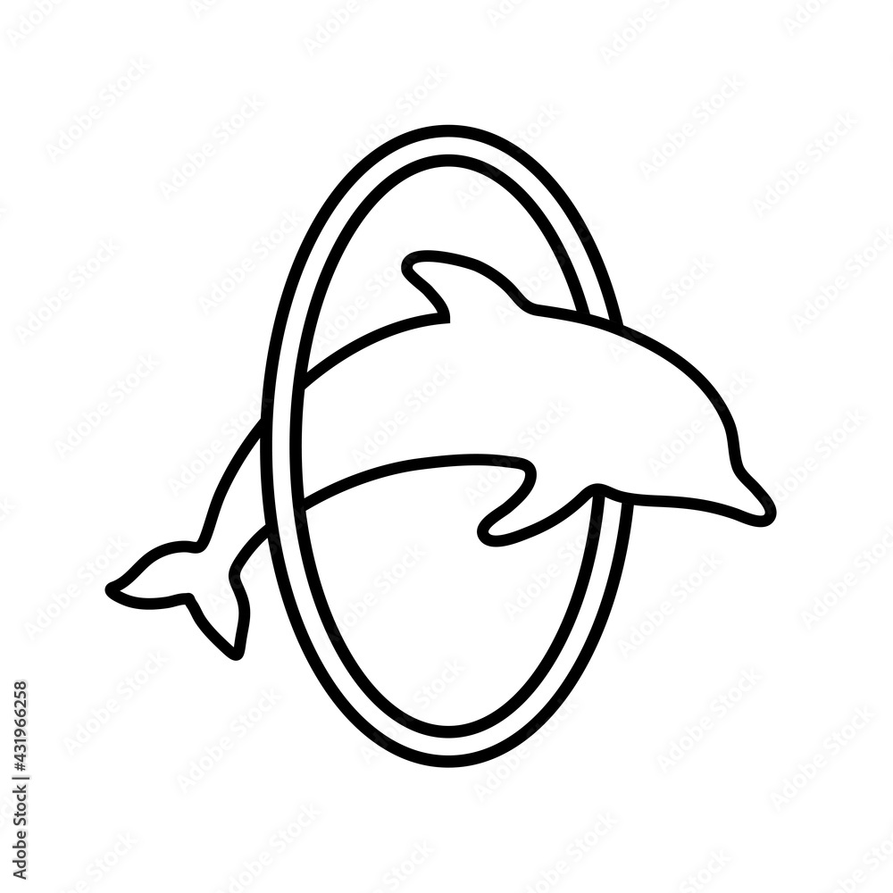 Flat round black and white icon with silhouette of playing dolphin. Summer resort and entertainment symbol. Outline illustration Flat round black and white icon with silhouette of playing dolphin. Summer resort and entertainment symbol. Outline illustration
