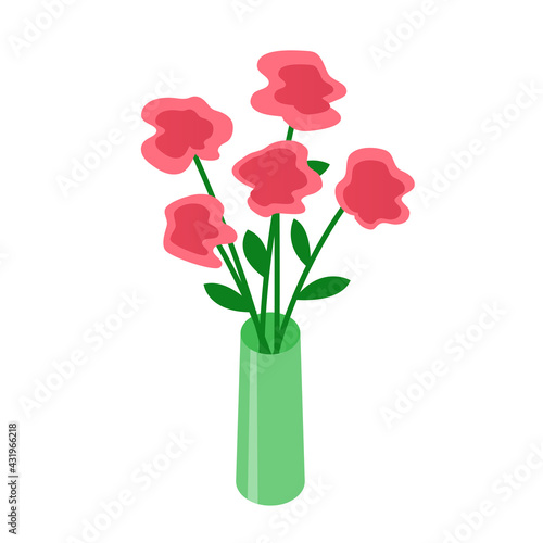 Vase of flowers on a white background. Bouquet of red roses. Cartoon illustration. Element for design and decoration