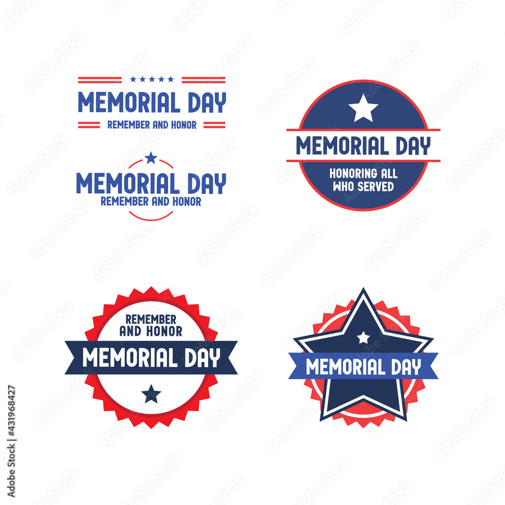 Memorial day badge collection. United States of America patriotic day emblem design. Red white and blue american symbol.